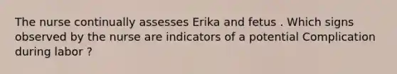 The nurse continually assesses Erika and fetus . Which signs observed by the nurse are indicators of a potential Complication during labor ?