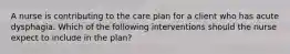 A nurse is contributing to the care plan for a client who has acute dysphagia. Which of the following interventions should the nurse expect to include in the plan?