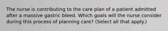 The nurse is contributing to the care plan of a patient admitted after a massive gastric bleed. Which goals will the nurse consider during this process of planning care? (Select all that apply.)