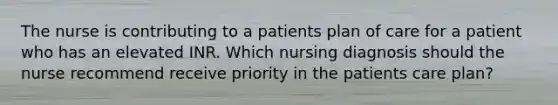 The nurse is contributing to a patients plan of care for a patient who has an elevated INR. Which nursing diagnosis should the nurse recommend receive priority in the patients care plan?