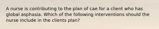 A nurse is contributing to the plan of cae for a client who has global asphasia. Which of the following interventions should the nurse include in the clients plan?