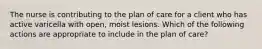 The nurse is contributing to the plan of care for a client who has active varicella with open, moist lesions. Which of the following actions are appropriate to include in the plan of care?