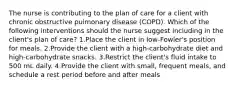 The nurse is contributing to the plan of care for a client with chronic obstructive pulmonary disease (COPD). Which of the following interventions should the nurse suggest including in the client's plan of care? 1.Place the client in low-Fowler's position for meals. 2.Provide the client with a high-carbohydrate diet and high-carbohydrate snacks. 3.Restrict the client's fluid intake to 500 mL daily. 4.Provide the client with small, frequent meals, and schedule a rest period before and after meals