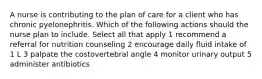 A nurse is contributing to the plan of care for a client who has chronic pyelonephritis. Which of the following actions should the nurse plan to include. Select all that apply 1 recommend a referral for nutrition counseling 2 encourage daily fluid intake of 1 L 3 palpate the costovertebral angle 4 monitor urinary output 5 administer antibiotics