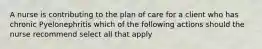 A nurse is contributing to the plan of care for a client who has chronic Pyelonephritis which of the following actions should the nurse recommend select all that apply