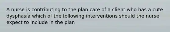 A nurse is contributing to the plan care of a client who has a cute dysphasia which of the following interventions should the nurse expect to include in the plan