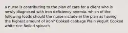 a nurse is contributing to the plan of care for a client who is newly diagnosed with iron deficiency anemia. which of the following foods should the nurse include in the plan as having the highest amount of iron? Cooked cabbage Plain yogurt Cooked white rice Boiled spinach