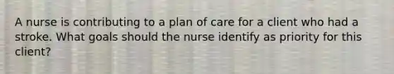 A nurse is contributing to a plan of care for a client who had a stroke. What goals should the nurse identify as priority for this client?