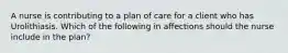 A nurse is contributing to a plan of care for a client who has Urolithiasis. Which of the following in affections should the nurse include in the plan?