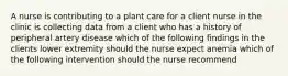 A nurse is contributing to a plant care for a client nurse in the clinic is collecting data from a client who has a history of peripheral artery disease which of the following findings in the clients lower extremity should the nurse expect anemia which of the following intervention should the nurse recommend