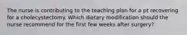 The nurse is contributing to the teaching plan for a pt recovering for a cholecystectomy. Which dietary modification should the nurse recommend for the first few weeks after surgery?