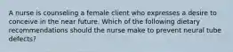 A nurse is counseling a female client who expresses a desire to conceive in the near future. Which of the following dietary recommendations should the nurse make to prevent neural tube defects?