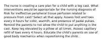 The nurse is creating a care plan for a child with a leg cast. What interventions would be appropriate for the nursing diagnosis of Risk for ineffective peripheral tissue perfusion related to pressure from cast? Select all that apply. Assess foot and toes every 4 hours for color, warmth, and presence of pedal pulses. Remind the parents to not allow the child to put anything in the cast. Keep leg elevated by a pillow at all times. Assess capillary refill of toes every 4 hours. Educate the child's parents on use of good body mechanics when repositioning the child.