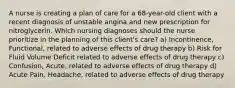 A nurse is creating a plan of care for a 68-year-old client with a recent diagnosis of unstable angina and new prescription for nitroglycerin. Which nursing diagnoses should the nurse prioritize in the planning of this client's care? a) Incontinence, Functional, related to adverse effects of drug therapy b) Risk for Fluid Volume Deficit related to adverse effects of drug therapy c) Confusion, Acute, related to adverse effects of drug therapy d) Acute Pain, Headache, related to adverse effects of drug therapy