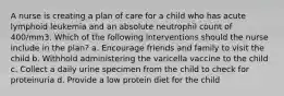 A nurse is creating a plan of care for a child who has acute lymphoid leukemia and an absolute neutrophil count of 400/mm3. Which of the following interventions should the nurse include in the plan? a. Encourage friends and family to visit the child b. Withhold administering the varicella vaccine to the child c. Collect a daily urine specimen from the child to check for proteinuria d. Provide a low protein diet for the child