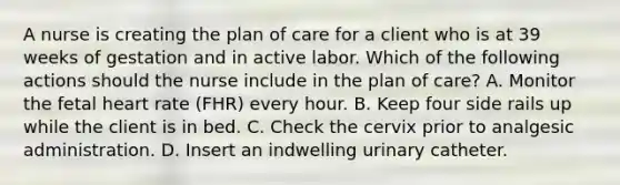 A nurse is creating the plan of care for a client who is at 39 weeks of gestation and in active labor. Which of the following actions should the nurse include in the plan of care? A. Monitor the fetal heart rate (FHR) every hour. B. Keep four side rails up while the client is in bed. C. Check the cervix prior to analgesic administration. D. Insert an indwelling urinary catheter.