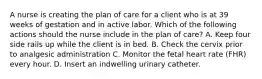 A nurse is creating the plan of care for a client who is at 39 weeks of gestation and in active labor. Which of the following actions should the nurse include in the plan of care? A. Keep four side rails up while the client is in bed. B. Check the cervix prior to analgesic administration C. Monitor the fetal heart rate (FHR) every hour. D. Insert an indwelling urinary catheter.