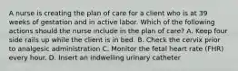 A nurse is creating the plan of care for a client who is at 39 weeks of gestation and in active labor. Which of the following actions should the nurse include in the plan of care? A. Keep four side rails up while the client is in bed. B. Check the cervix prior to analgesic administration C. Monitor the fetal heart rate (FHR) every hour. D. Insert an indwelling urinary catheter