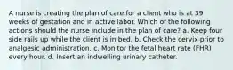 A nurse is creating the plan of care for a client who is at 39 weeks of gestation and in active labor. Which of the following actions should the nurse include in the plan of care? a. Keep four side rails up while the client is in bed. b. Check the cervix prior to analgesic administration. c. Monitor the fetal heart rate (FHR) every hour. d. Insert an indwelling urinary catheter.