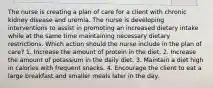 The nurse is creating a plan of care for a client with chronic kidney disease and uremia. The nurse is developing interventions to assist in promoting an increased dietary intake while at the same time maintaining necessary dietary restrictions. Which action should the nurse include in the plan of care? 1. Increase the amount of protein in the diet. 2. Increase the amount of potassium in the daily diet. 3. Maintain a diet high in calories with frequent snacks. 4. Encourage the client to eat a large breakfast and smaller meals later in the day.