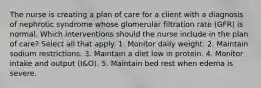 The nurse is creating a plan of care for a client with a diagnosis of nephrotic syndrome whose glomerular filtration rate (GFR) is normal. Which interventions should the nurse include in the plan of care? Select all that apply. 1. Monitor daily weight. 2. Maintain sodium restrictions. 3. Maintain a diet low in protein. 4. Monitor intake and output (I&O). 5. Maintain bed rest when edema is severe.