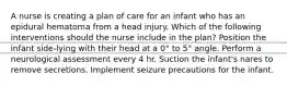 A nurse is creating a plan of care for an infant who has an epidural hematoma from a head injury. Which of the following interventions should the nurse include in the plan? Position the infant side-lying with their head at a 0° to 5° angle. Perform a neurological assessment every 4 hr. Suction the infant's nares to remove secretions. Implement seizure precautions for the infant.