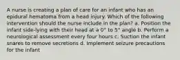 A nurse is creating a plan of care for an infant who has an epidural hematoma from a head injury. Which of the following intervention should the nurse include in the plan? a. Position the infant side-lying with their head at a 0° to 5° angle b. Perform a neurological assessment every four hours c. Suction the infant snares to remove secretions d. Implement seizure precautions for the infant