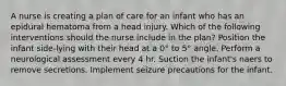 A nurse is creating a plan of care for an infant who has an epidural hematoma from a head injury. Which of the following interventions should the nurse include in the plan? Position the infant side-lying with their head at a 0° to 5° angle. Perform a neurological assessment every 4 hr. Suction the infant's naers to remove secretions. Implement seizure precautions for the infant.