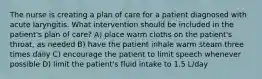 The nurse is creating a plan of care for a patient diagnosed with acute laryngitis. What intervention should be included in the patient's plan of care? A) place warm cloths on the patient's throat, as needed B) have the patient inhale warm steam three times daily C) encourage the patient to limit speech whenever possible D) limit the patient's fluid intake to 1.5 L/day