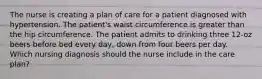 The nurse is creating a plan of care for a patient diagnosed with hypertension. The patient's waist circumference is greater than the hip circumference. The patient admits to drinking three 12-oz beers before bed every day, down from four beers per day. Which nursing diagnosis should the nurse include in the care plan?