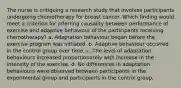 The nurse is critiquing a research study that involves participants undergoing chemotherapy for breast cancer. Which finding would meet a criterion for inferring causality between performance of exercise and adaptive behaviour of the participants receiving chemotherapy? a. Adaptation behaviour began before the exercise program was initiated. b. Adaptive behaviour occurred in the control group over time. c. The level of adaptation behaviours increased proportionately with increase in the intensity of the exercise. d. No differences in adaptation behaviours were observed between participants in the experimental group and participants in the control group.