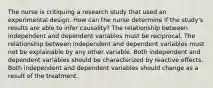 The nurse is critiquing a research study that used an experimental design. How can the nurse determine if the study's results are able to infer causality? The relationship between independent and dependent variables must be reciprocal. The relationship between independent and dependent variables must not be explainable by any other variable. Both independent and dependent variables should be characterized by reactive effects. Both independent and dependent variables should change as a result of the treatment.