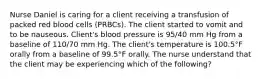 Nurse Daniel is caring for a client receiving a transfusion of packed red blood cells (PRBCs). The client started to vomit and to be nauseous. Client's blood pressure is 95/40 mm Hg from a baseline of 110/70 mm Hg. The client's temperature is 100.5°F orally from a baseline of 99.5°F orally. The nurse understand that the client may be experiencing which of the following?