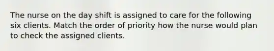 The nurse on the day shift is assigned to care for the following six clients. Match the order of priority how the nurse would plan to check the assigned clients.