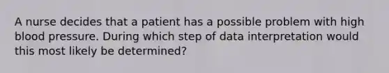 A nurse decides that a patient has a possible problem with high blood pressure. During which step of data interpretation would this most likely be determined?