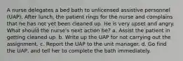 A nurse delegates a bed bath to unlicensed assistive personnel (UAP). After lunch, the patient rings for the nurse and complains that he has not yet been cleaned up. He is very upset and angry. What should the nurse's next action be? a. Assist the patient in getting cleaned up. b. Write up the UAP for not carrying out the assignment. c. Report the UAP to the unit manager. d. Go find the UAP, and tell her to complete the bath immediately.