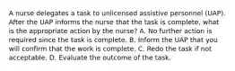 A nurse delegates a task to unlicensed assistive personnel (UAP). After the UAP informs the nurse that the task is complete, what is the appropriate action by the nurse? A. No further action is required since the task is complete. B. Inform the UAP that you will confirm that the work is complete. C. Redo the task if not acceptable. D. Evaluate the outcome of the task.