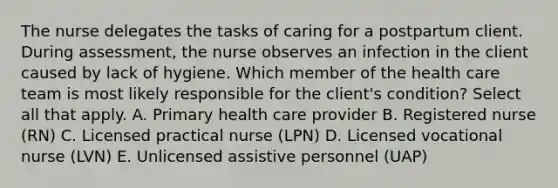 The nurse delegates the tasks of caring for a postpartum client. During assessment, the nurse observes an infection in the client caused by lack of hygiene. Which member of the health care team is most likely responsible for the client's condition? Select all that apply. A. Primary health care provider B. Registered nurse (RN) C. Licensed practical nurse (LPN) D. Licensed vocational nurse (LVN) E. Unlicensed assistive personnel (UAP)