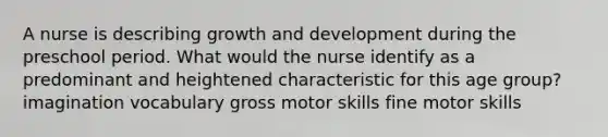 A nurse is describing growth and development during the preschool period. What would the nurse identify as a predominant and heightened characteristic for this age group? imagination vocabulary gross motor skills fine motor skills