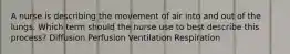 A nurse is describing the movement of air into and out of the lungs. Which term should the nurse use to best describe this process? Diffusion Perfusion Ventilation Respiration