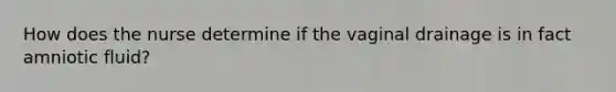 How does the nurse determine if the vaginal drainage is in fact amniotic fluid?