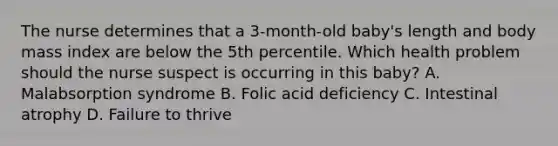 The nurse determines that a 3-month-old baby's length and body mass index are below the 5th percentile. Which health problem should the nurse suspect is occurring in this baby? A. Malabsorption syndrome B. Folic acid deficiency C. Intestinal atrophy D. Failure to thrive