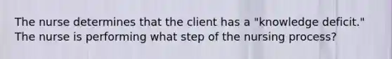 The nurse determines that the client has a "knowledge deficit." The nurse is performing what step of the nursing process?