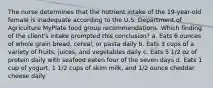 The nurse determines that the nutrient intake of the 19-year-old female is inadequate according to the U.S. Department of Agriculture MyPlate food group recommendations. Which finding of the client's intake prompted this conclusion? a. Eats 6 ounces of whole grain bread, cereal, or pasta daily b. Eats 3 cups of a variety of fruits, juices, and vegetables daily c. Eats 5 1/2 oz of protein daily with seafood eaten four of the seven days d. Eats 1 cup of yogurt, 1 1/2 cups of skim milk, and 1/2 ounce cheddar cheese daily