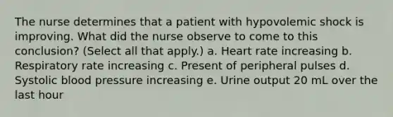 The nurse determines that a patient with hypovolemic shock is improving. What did the nurse observe to come to this conclusion? (Select all that apply.) a. Heart rate increasing b. Respiratory rate increasing c. Present of peripheral pulses d. Systolic blood pressure increasing e. Urine output 20 mL over the last hour