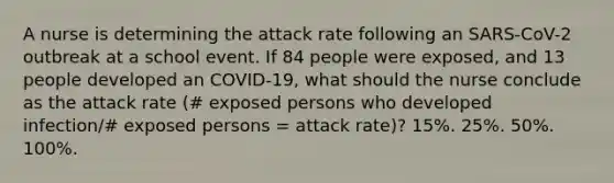 A nurse is determining the attack rate following an SARS-CoV-2 outbreak at a school event. If 84 people were exposed, and 13 people developed an COVID-19, what should the nurse conclude as the attack rate (# exposed persons who developed infection/# exposed persons = attack rate)? 15%. 25%. 50%. 100%.