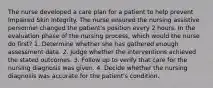 The nurse developed a care plan for a patient to help prevent Impaired Skin Integrity. The nurse ensured the nursing assistive personnel changed the patient's position every 2 hours. In the evaluation phase of the nursing process, which would the nurse do first? 1. Determine whether she has gathered enough assessment data. 2. Judge whether the interventions achieved the stated outcomes. 3. Follow up to verify that care for the nursing diagnosis was given. 4. Decide whether the nursing diagnosis was accurate for the patient's condition.