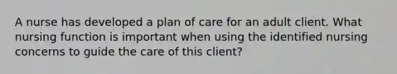 A nurse has developed a plan of care for an adult client. What nursing function is important when using the identified nursing concerns to guide the care of this client?