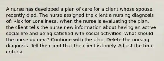 A nurse has developed a plan of care for a client whose spouse recently died. The nurse assigned the client a nursing diagnosis of: Risk for Loneliness. When the nurse is evaluating the plan, the client tells the nurse new information about having an active social life and being satisfied with social activities. What should the nurse do next? Continue with the plan. Delete the nursing diagnosis. Tell the client that the client is lonely. Adjust the time criteria.