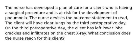 The nurse has developed a plan of care for a client who is having a surgical procedure and is at risk for the development of pneumonia. The nurse devises the outcome statement to read, The client will have clear lungs by the third postoperative day. On the third postoperative day, the client has left lower lobe crackles and infiltrates on the chest X-ray. What conclusion does the nurse reach for this client?